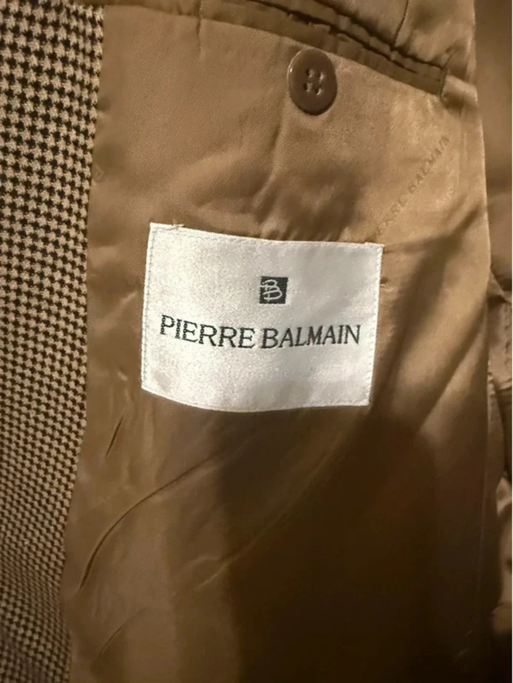 Vintage Pierre Balmain Double-Breasted Silk-Wool Houndstooth Blazer 44L